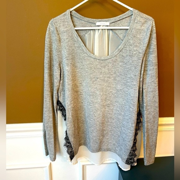 LUSH Womens Grey Sweater with Sheer back and Lace trim Size Large Business - Picture 1 of 5